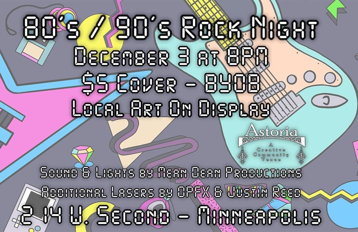 Our next party at Astoria is December 3! Featuring 80’s and 90’s pop, rock & alternative! #northcentralkansas #minneapolisks